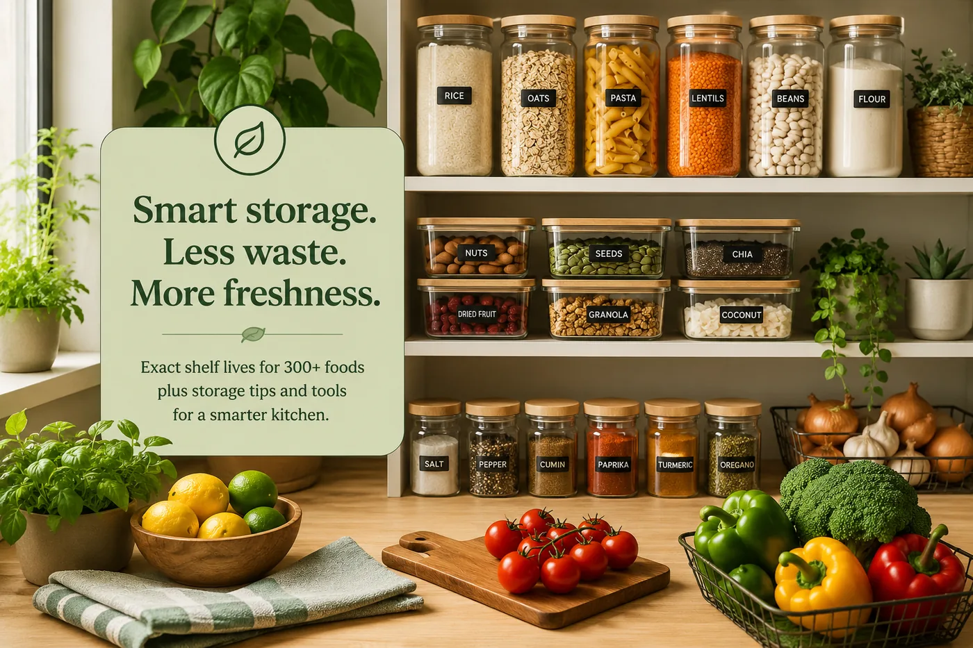 Organized pantry with labeled food containers and fresh ingredients.